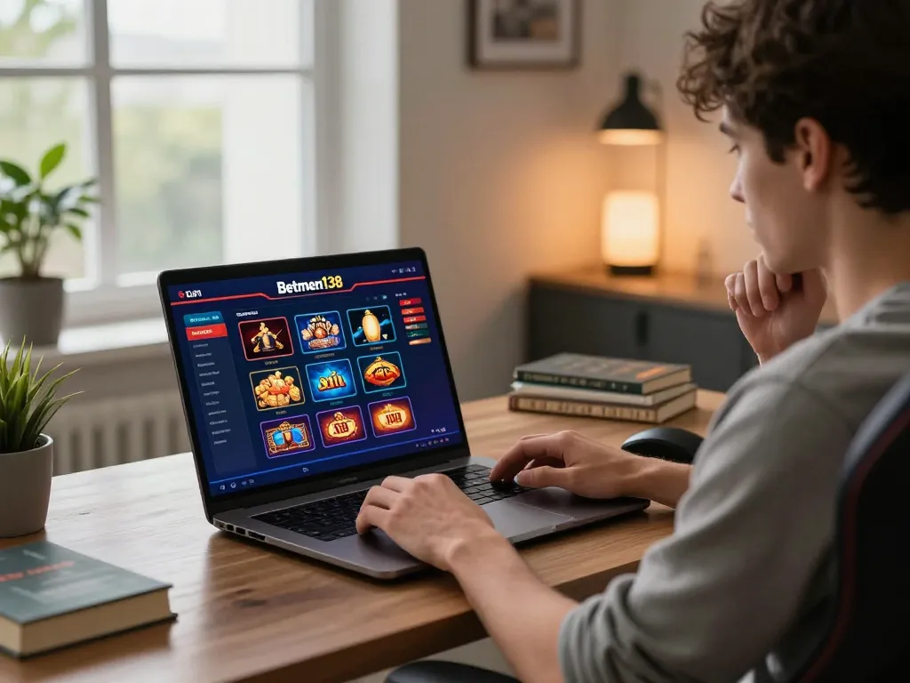 Betmen138 online gaming session showing a laptop with vibrant game interface