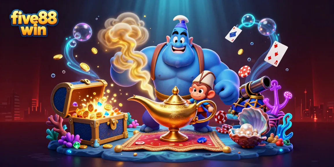Experience five88 win with a vibrant 3D casino-themed illustration showcasing magical elements and poker chips.
