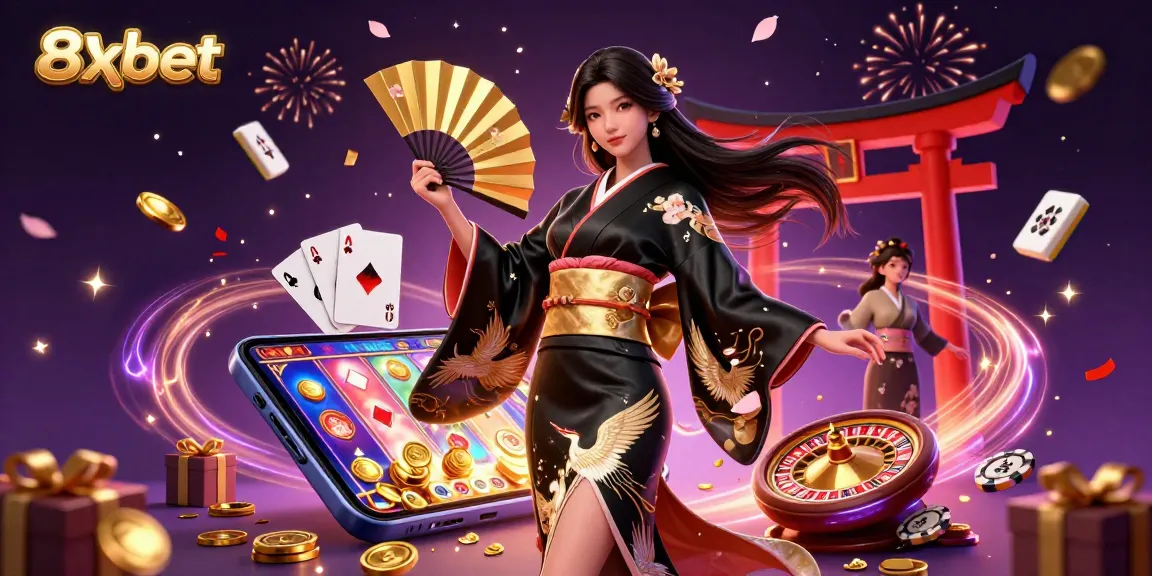 Join the excitement at 8xbet with an elegant Asian woman amidst casino games, golden coins, and festive energy.