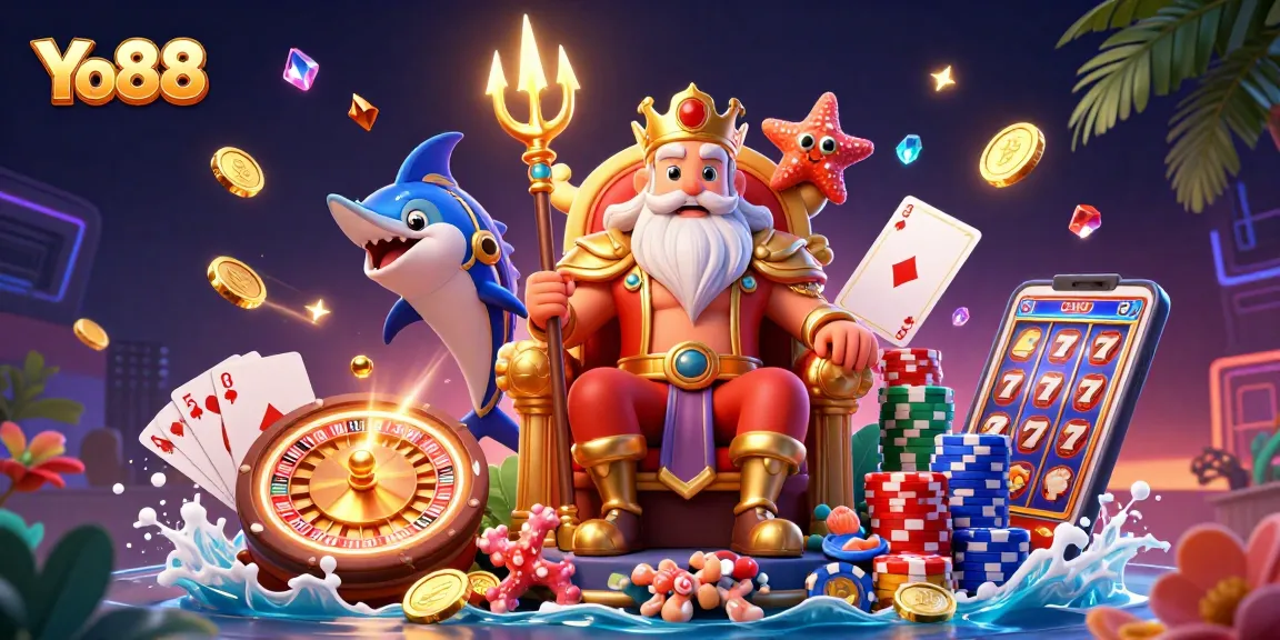 Spin to win at Yo88 with a vibrant 3D casino scene featuring Neptune, treasure, and dynamic game elements.