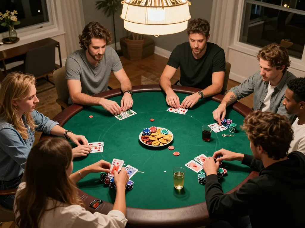 Engage in thrilling poker action at nk88 game night, showcasing friends immersed in strategy.