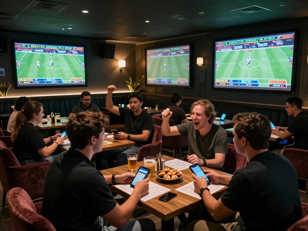 Gamblers placing bets on mobile devices at TG88 sports betting lounge, cheering and enjoying exciting live games.