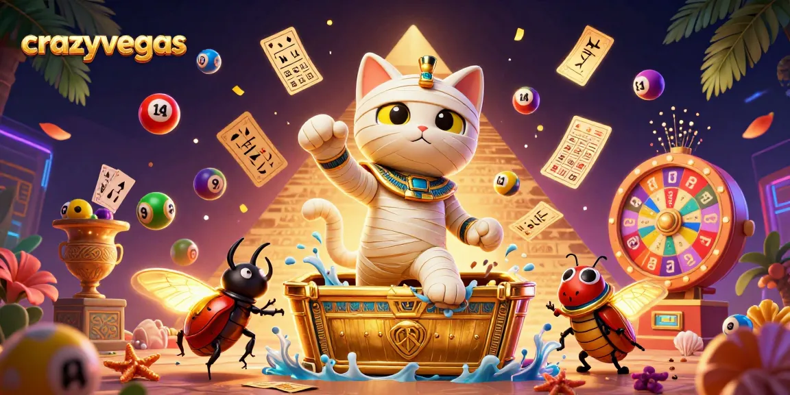 Experience the thrills of crazyvegas as a mummy cat bursts out in a vibrant casino scene.