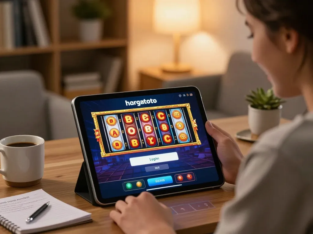 Antarmuka login Hargatoto ditampilkan di tablet selama sesi permainan slot online di rumah.