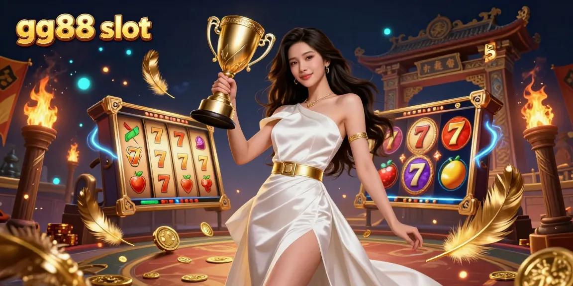 Experience thrilling gameplay with gg88 slot as a stunning Asian woman celebrates her winning moment surrounded by vibrant slot elements.