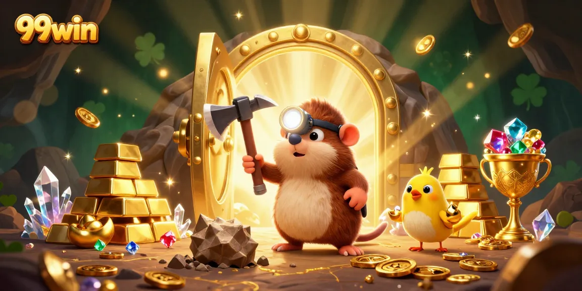Experience excitement at 99win with a treasure hunter collecting gems and gold in a thrilling casino adventure.