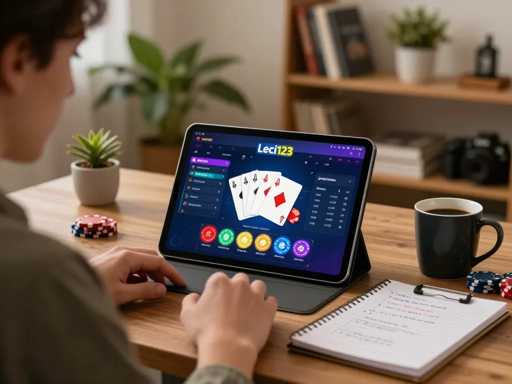 Momen menarik di platform Leci123, menunjukkan seorang pemain yang merumuskan strategi selama permainan kasino online.