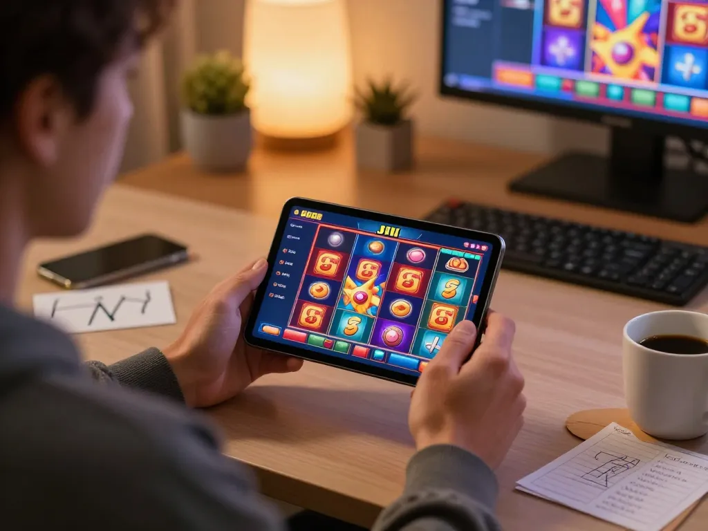 Playing jili slot games on a mobile device in a cozy home office setting, reflecting responsible gaming.