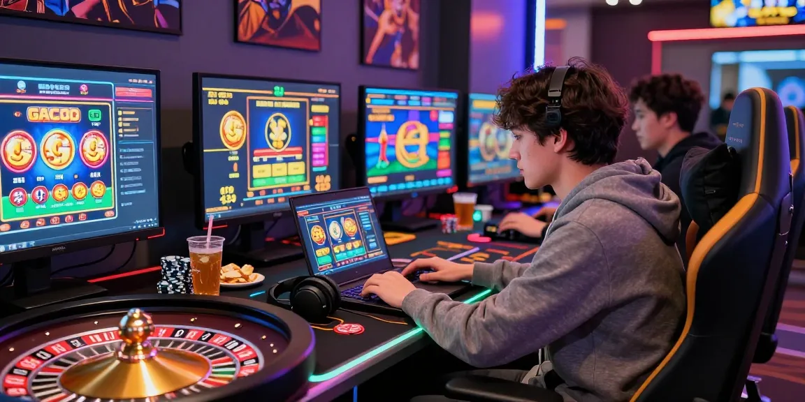 Engaging gamer enjoying a slot gacor game in a vibrant online casino setup