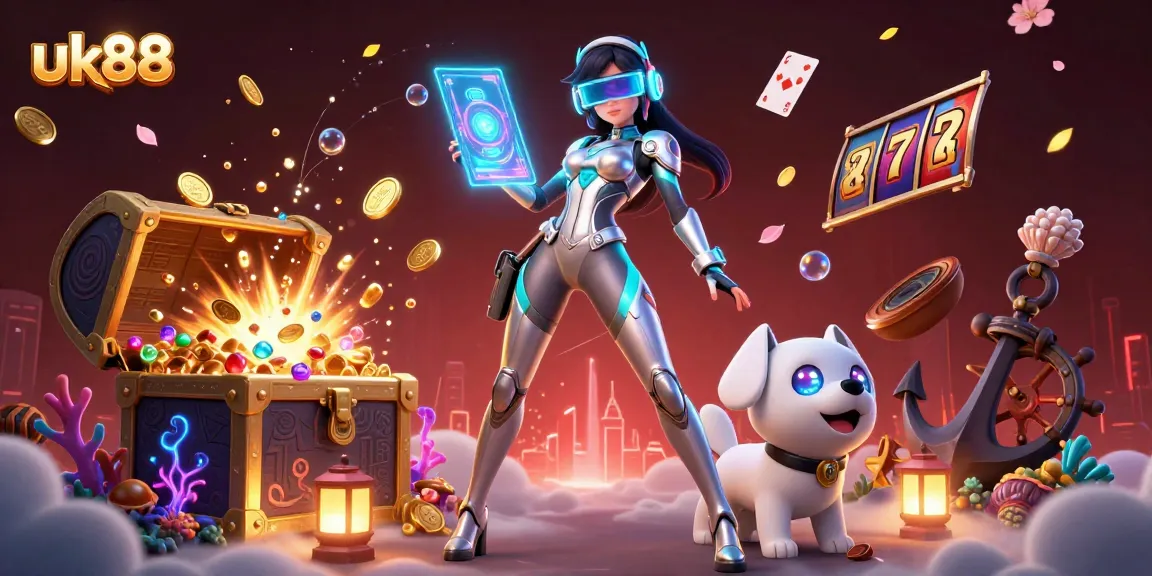 Play thrilling slots at uk88 with a 3D futuristic theme featuring vibrant treasures and interactive elements.