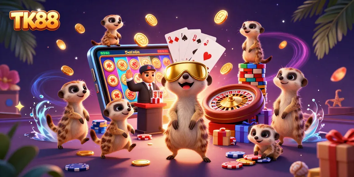 Experience exciting casino activities at TK88 with energetic meerkats managing games and chips.