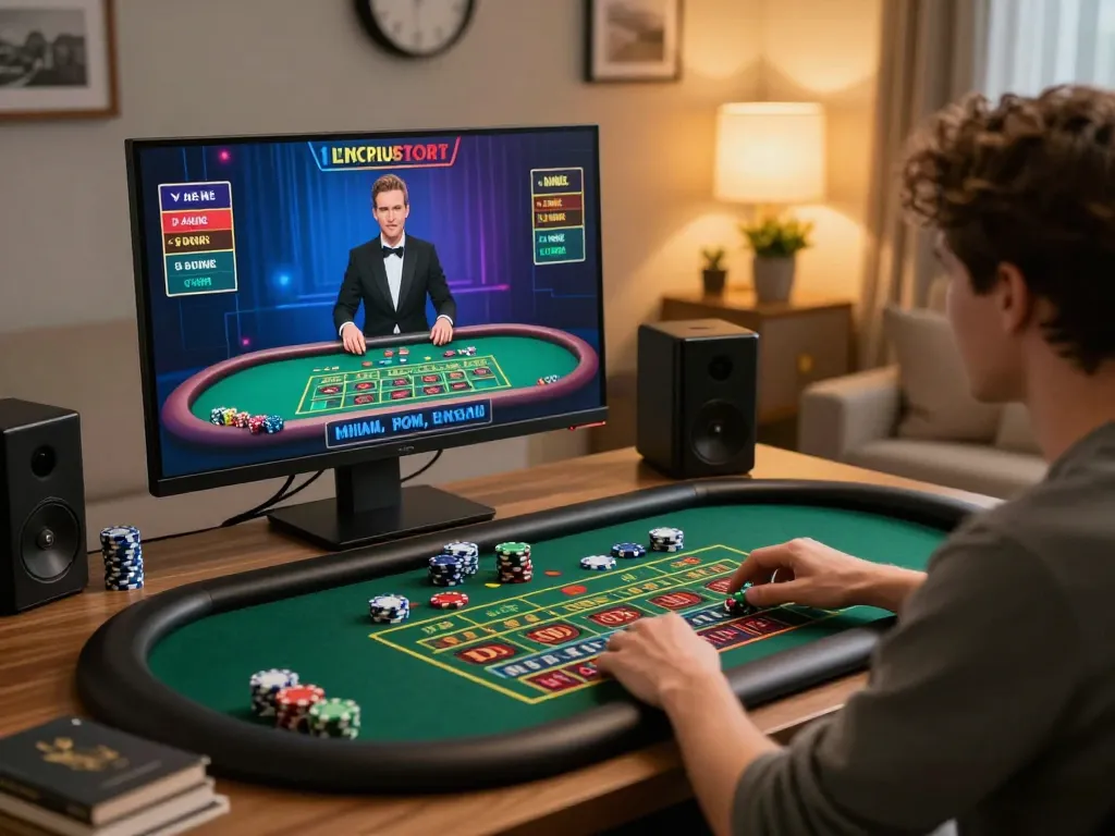 Player focusing on sc88 live dealer roulette game in a cozy home setting with modern decor