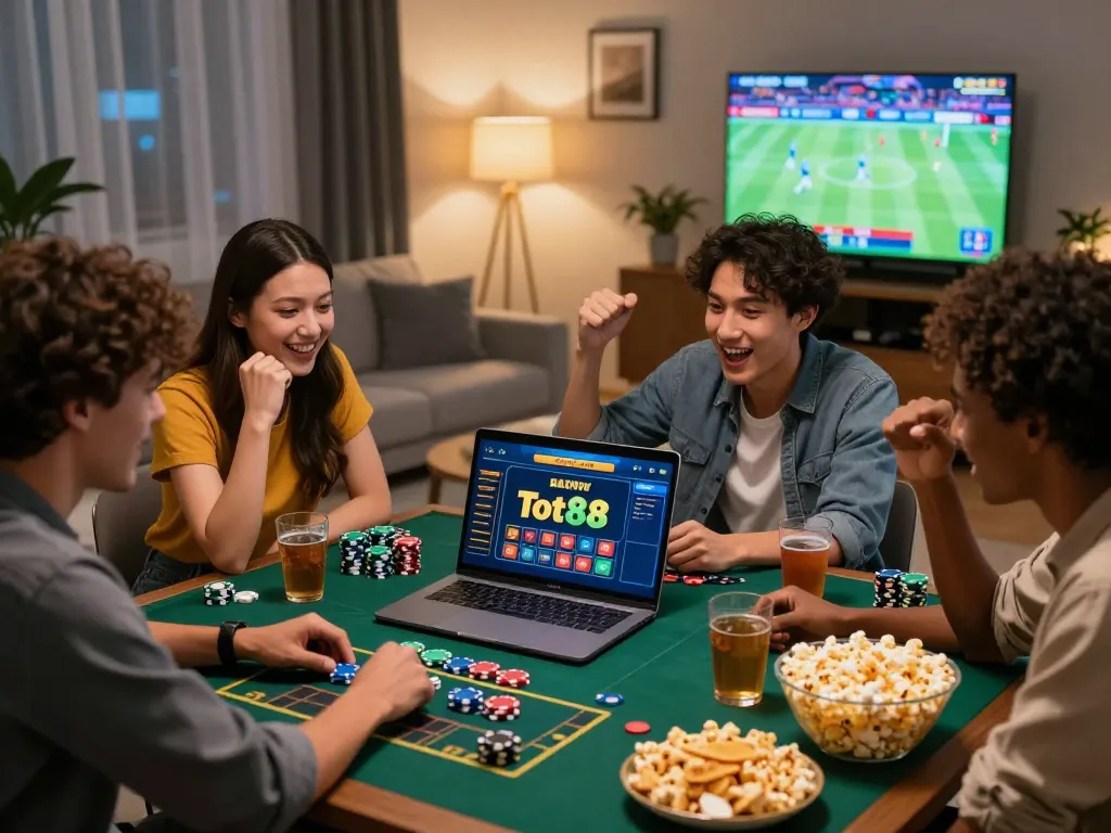 Group of friends excitedly engaging with tot88 online betting, vibrant gaming environment.
