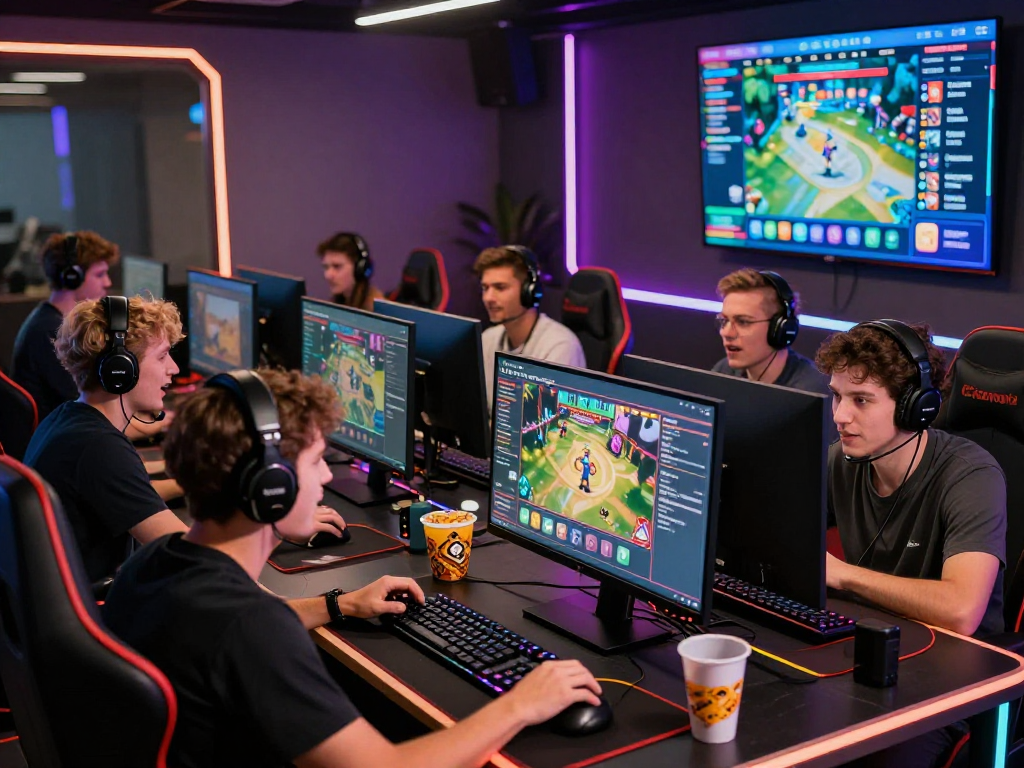 Engaging gaming scene featuring friends accessing FairPlay id on a computer, with vibrant decor and a lively atmosphere.