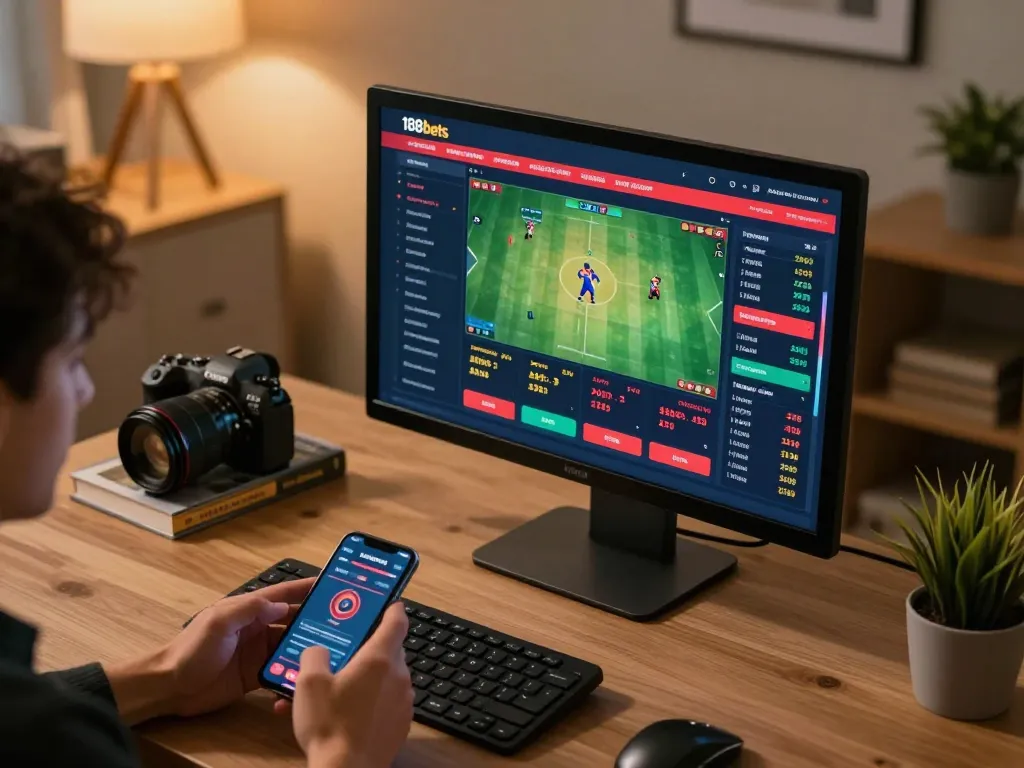 Engaging in live sports betting on 188bets with real-time odds and match statistics on a sleek desktop.