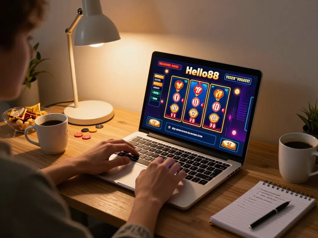 Hello88 online gaming setup showcasing a player actively engaged in casino games while enjoying a cozy atmosphere