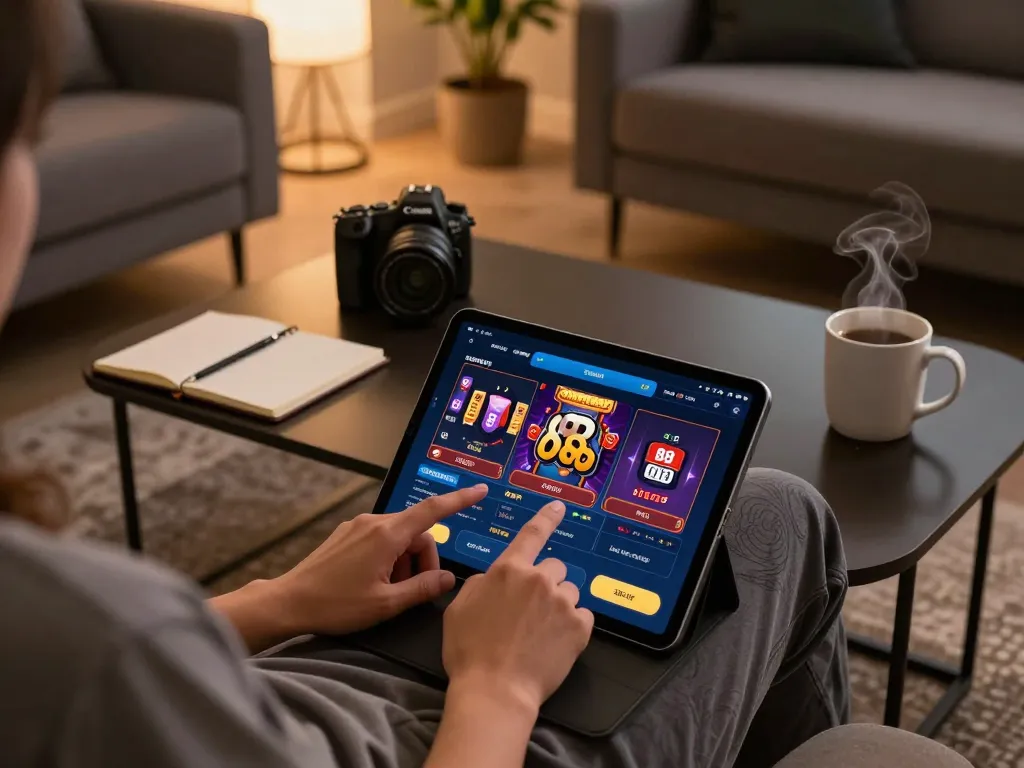 Player engaging with the 88aa casino app on a tablet, creating a cozy gaming atmosphere.