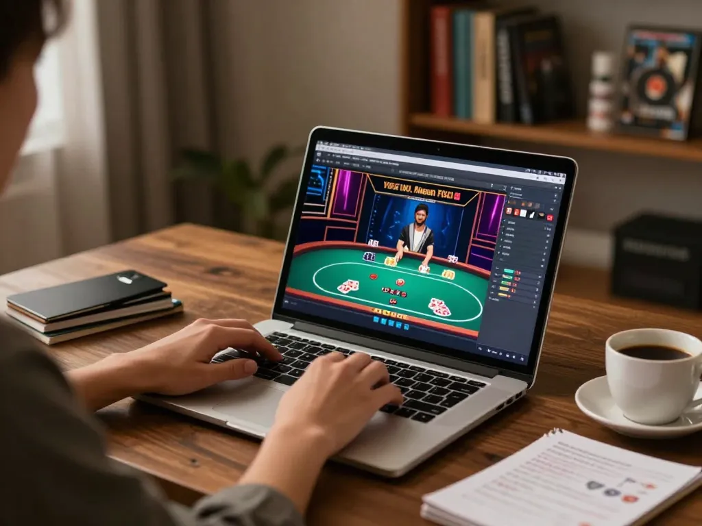 Engaging poker gameplay on laptop at home, showcasing link 98win for immersive gaming experience.