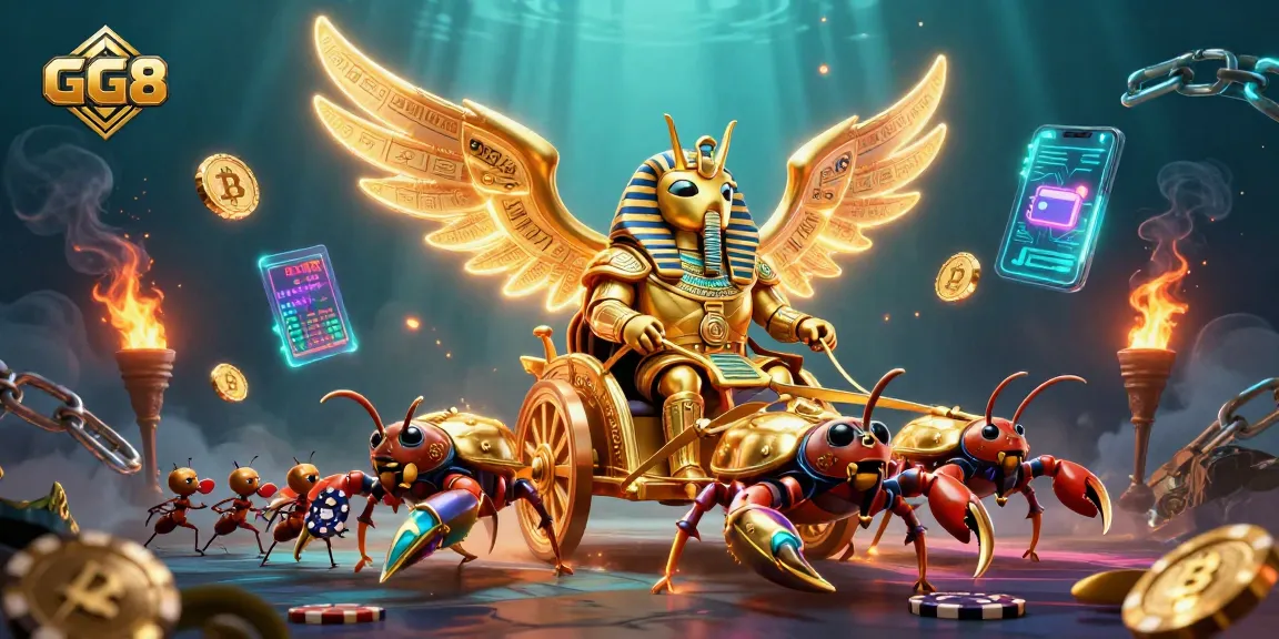 Experience GG8 action with a dynamic scene of a golden scarab and poker chip soldiers in a vibrant casino.