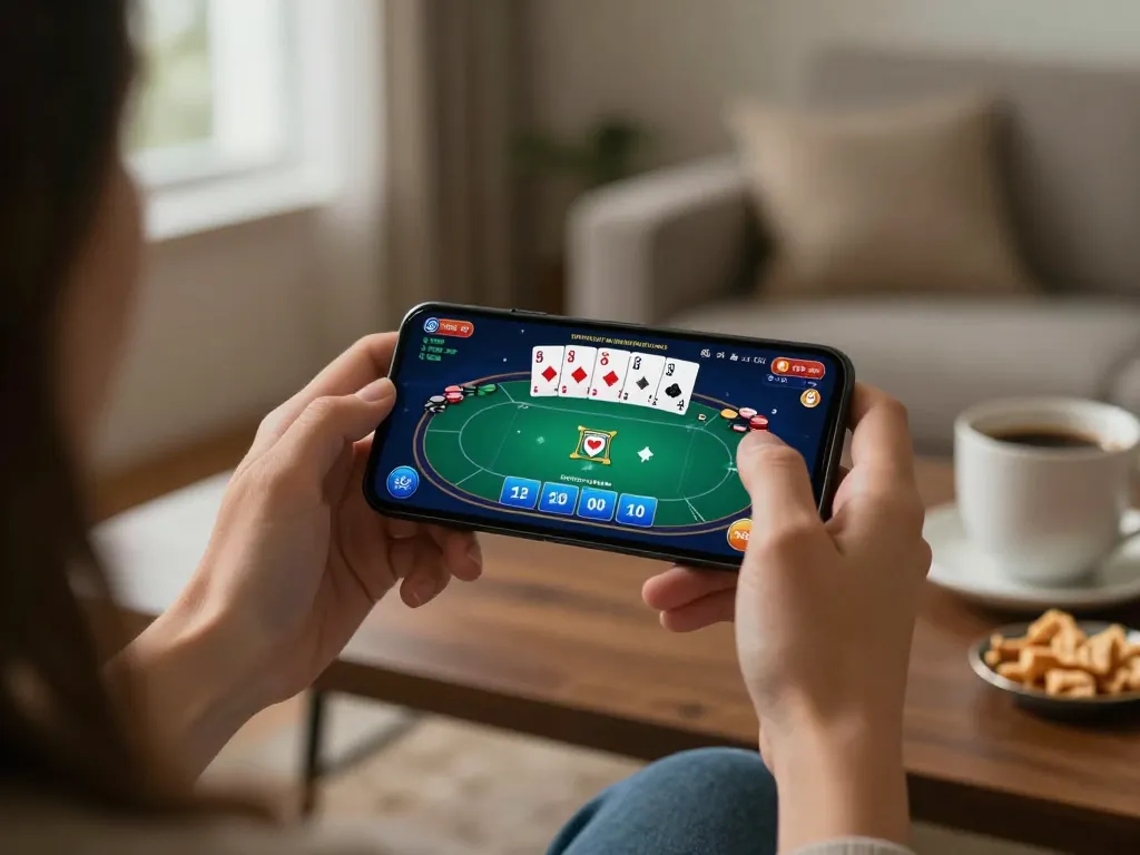 MPO08 players engaging in mobile gaming session, showing poker interface in home setting, highlighting friendly gameplay.
