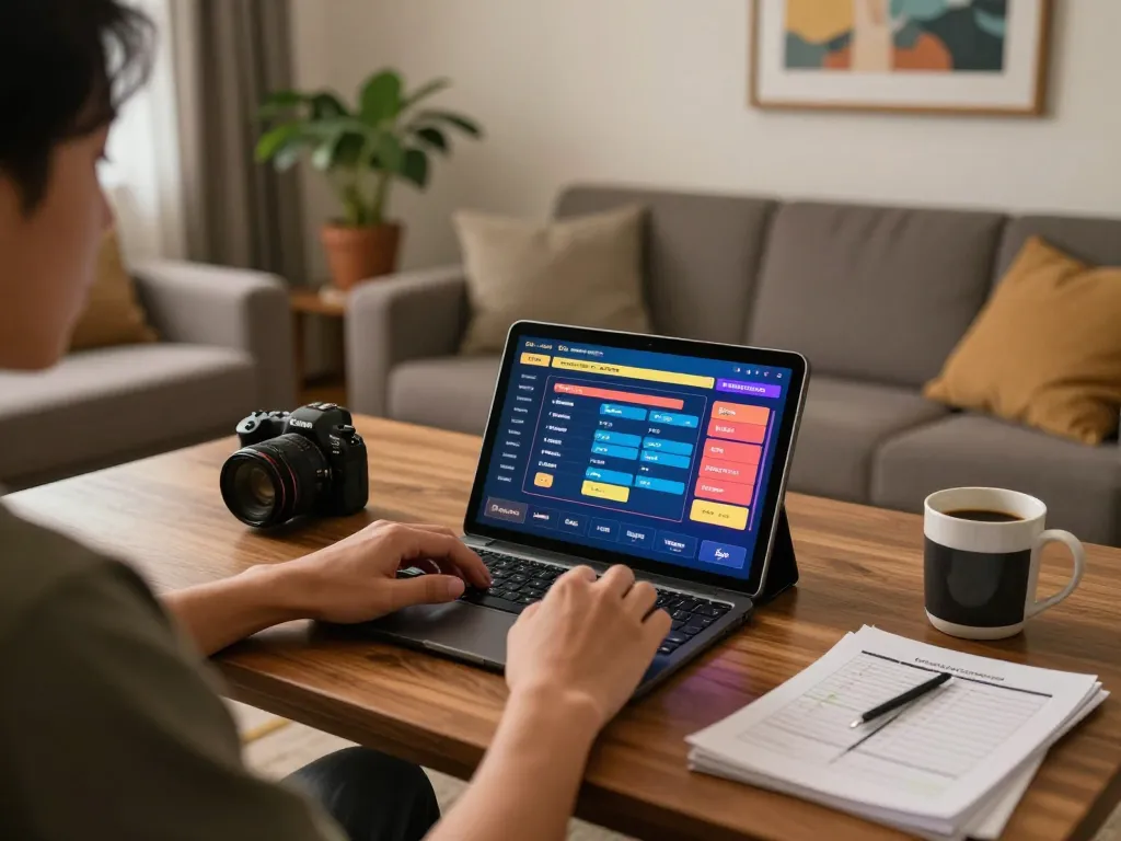 Pemain yang terlibat memasang taruhan bandar togel di tablet di rumah, suasana hangat dengan catatan strategi