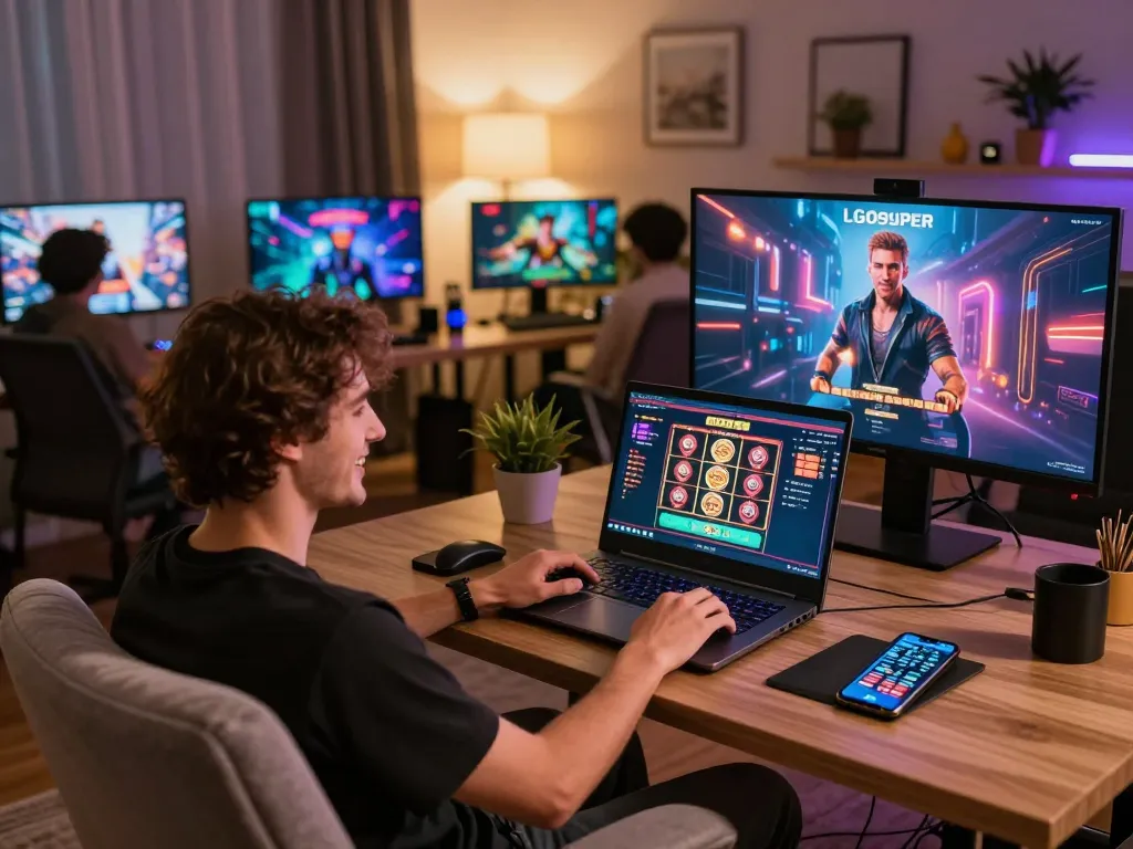 Engaged player enjoying multiple games on LGOSUPER's online platform in a cozy home setting.