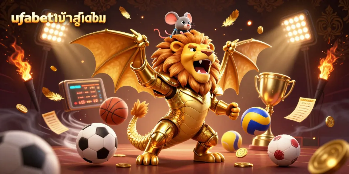 Experience ufabetเข้าสู่ระบบ with sports-themed dynamism, showcasing a golden chimera and lively betting elements.