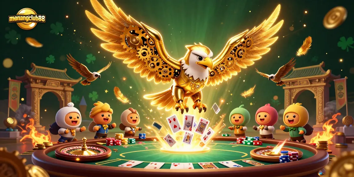 Experience thrilling gameplay at menangclub88 with a cybernetic eagle soaring over a vibrant casino scene.