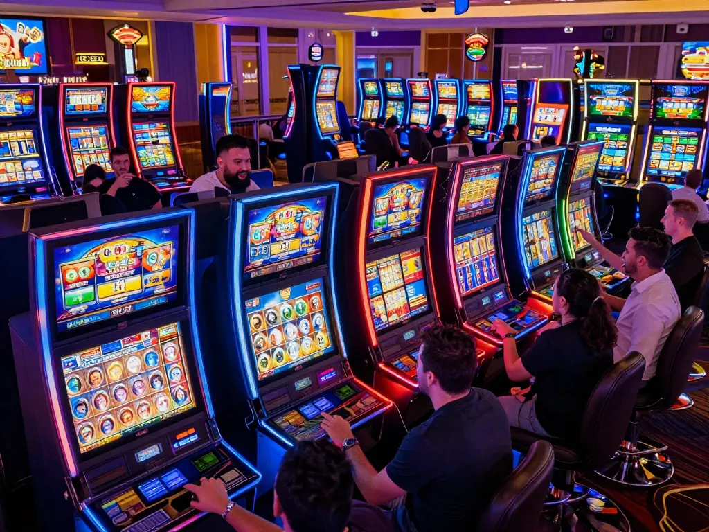 Players enjoying the excitement of link slot machines at a vibrant casino, fingers pressing spin buttons.