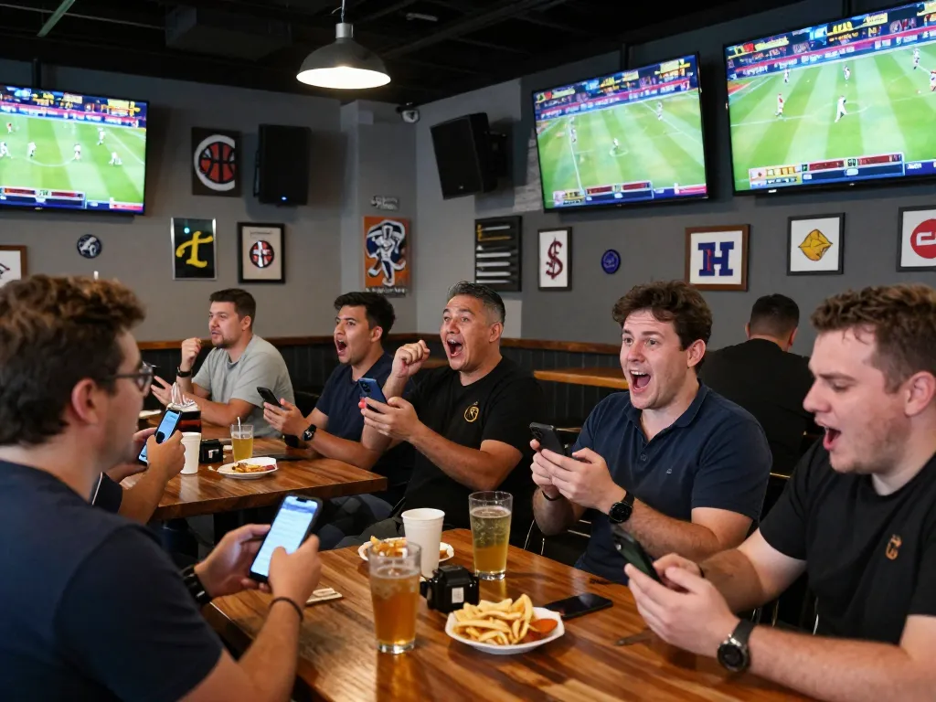 Soi kèo bóng đá action at a vibrant sports bar with fans using apps and cheering