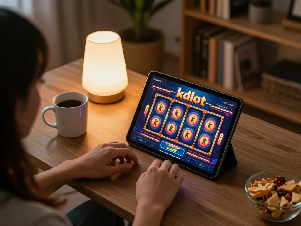 Engaging in online kdslot gaming at home, with vibrant interface and cozy ambiance