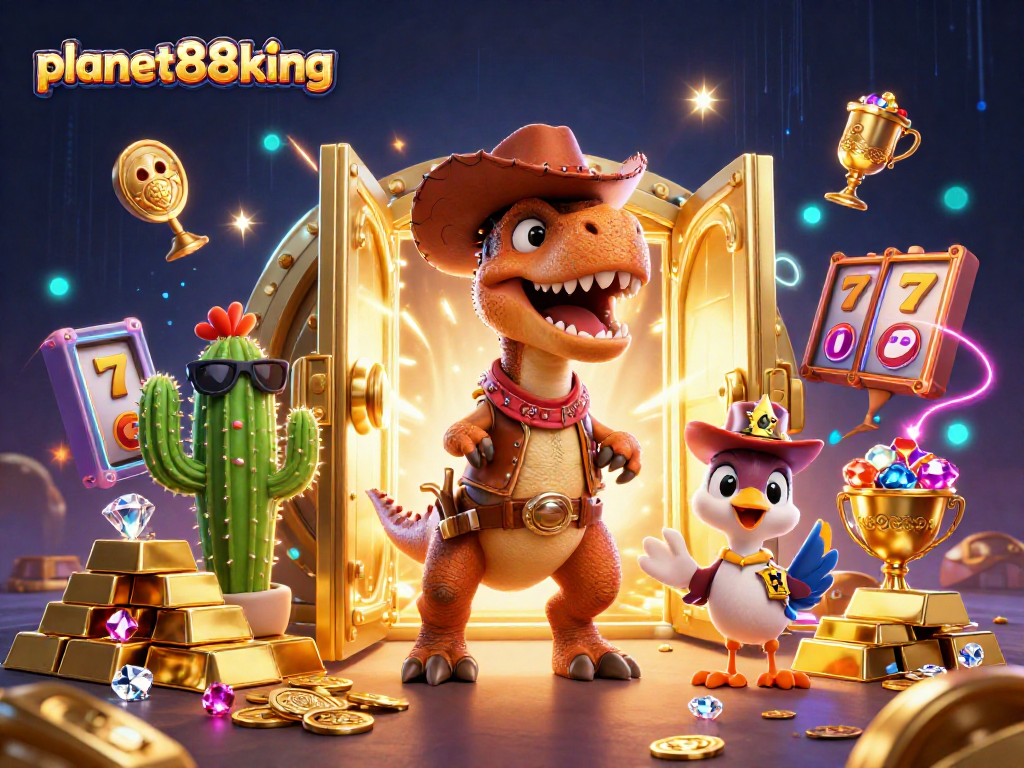 Engage with planet88king's online slots through vibrant T-Rex adventure imagery.