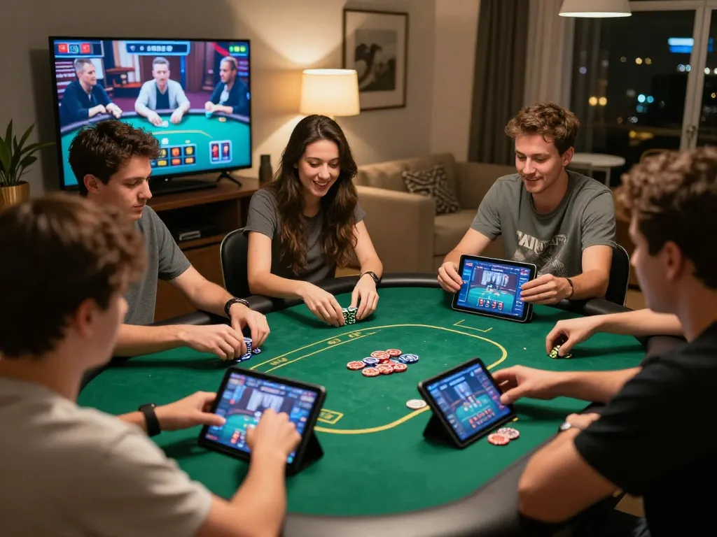 Players enjoying LIGALGO poker while celebrating a win during an online gaming night in a cozy setup
