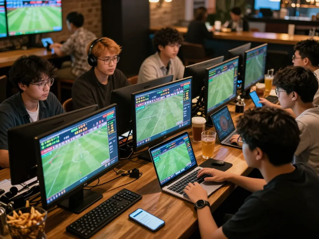 Soi Kèo sports bettors analyze odds and place bets in a modern sports bar.