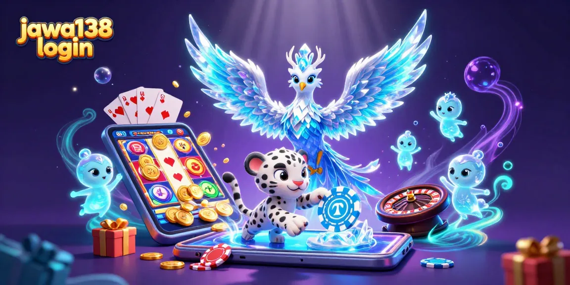 Menangkan permainan dengan jawa138 login yang menampilkan phoenix es 3D dan chip poker.