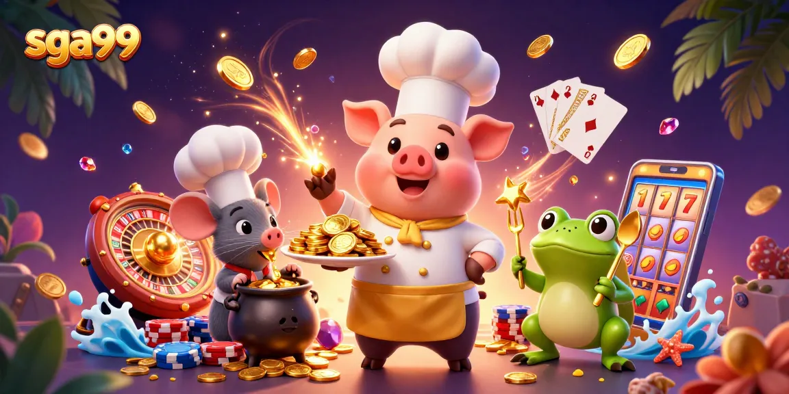 Win exciting rewards with sga99 as a chef pig serves golden coins amidst vibrant casino elements.