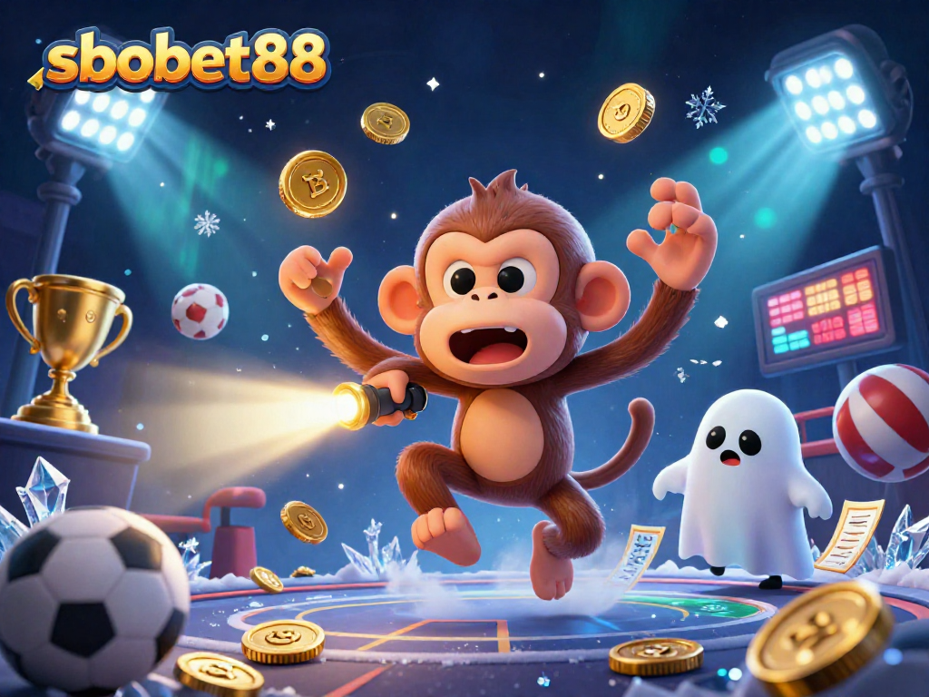 Experience sbobet88 excitement with a mischievous monkey juggling in a haunted casino atmosphere