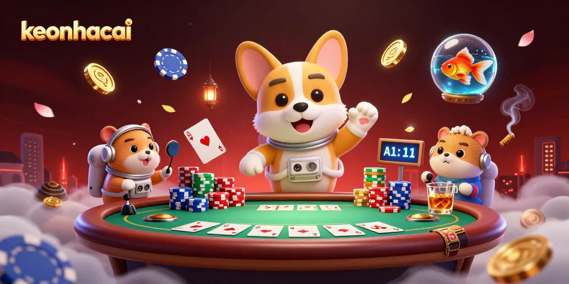 Engaging scene depicting keonhacai with a corgi in space, vibrant casino elements floating around.