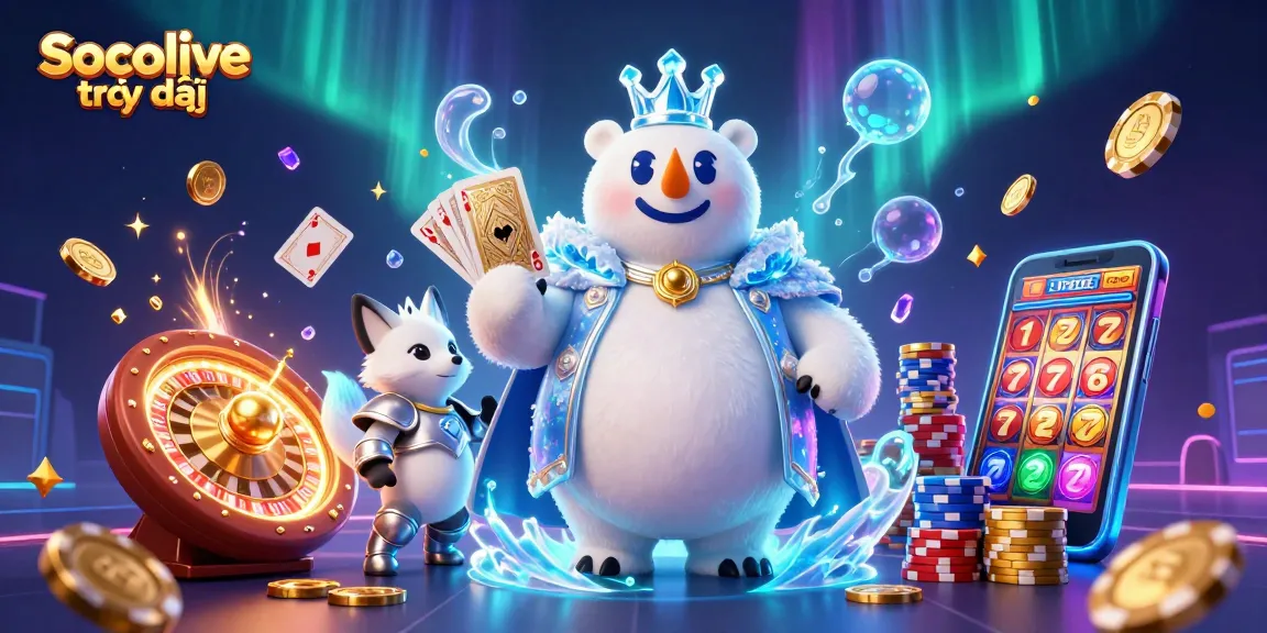 Experience Socolive trực tiếp with a dynamic 3D illustration showcasing a vibrant gambling scene featuring rich game elements.