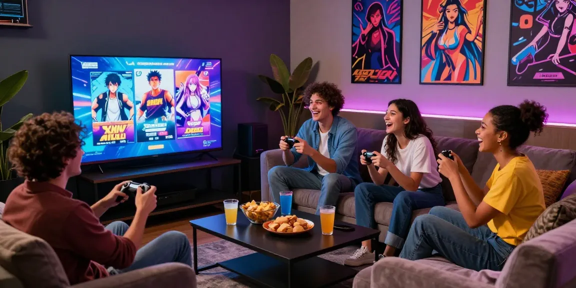 Friends enjoying exciting hentai games in a cozy gaming lounge