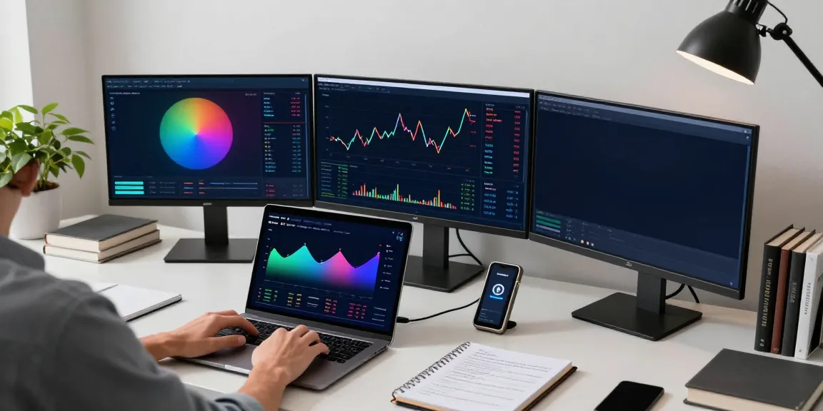 Main crypto channel workspace showcasing Bitcoin trading with charts and DeFi analytics in a modern office.