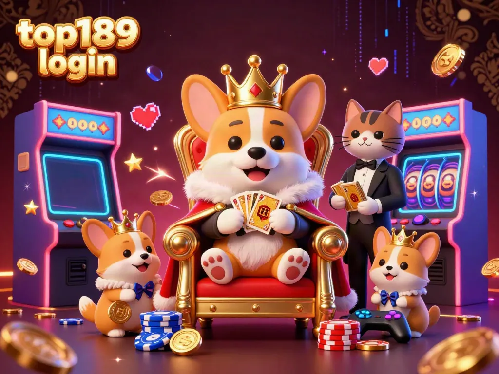 Experience top189 login with a majestic corgi ruler and gaming elements in a vibrant casino setting.