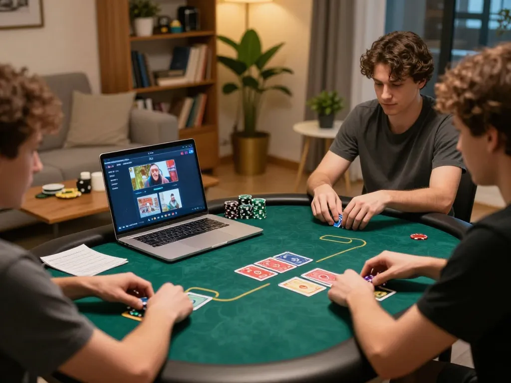 Engaging in online poker at nhà cái 888VI with laptop, showing gameplay and strategy notes