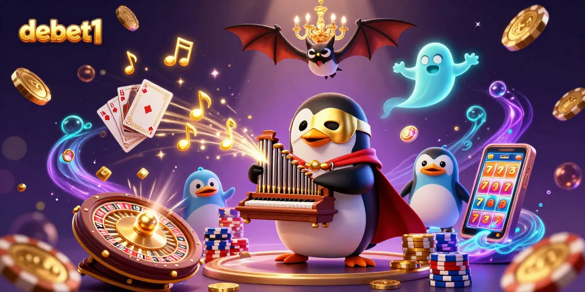 Experience the thrill of debet1 with a 3D penguin organist generating gold coins amidst lively casino elements.