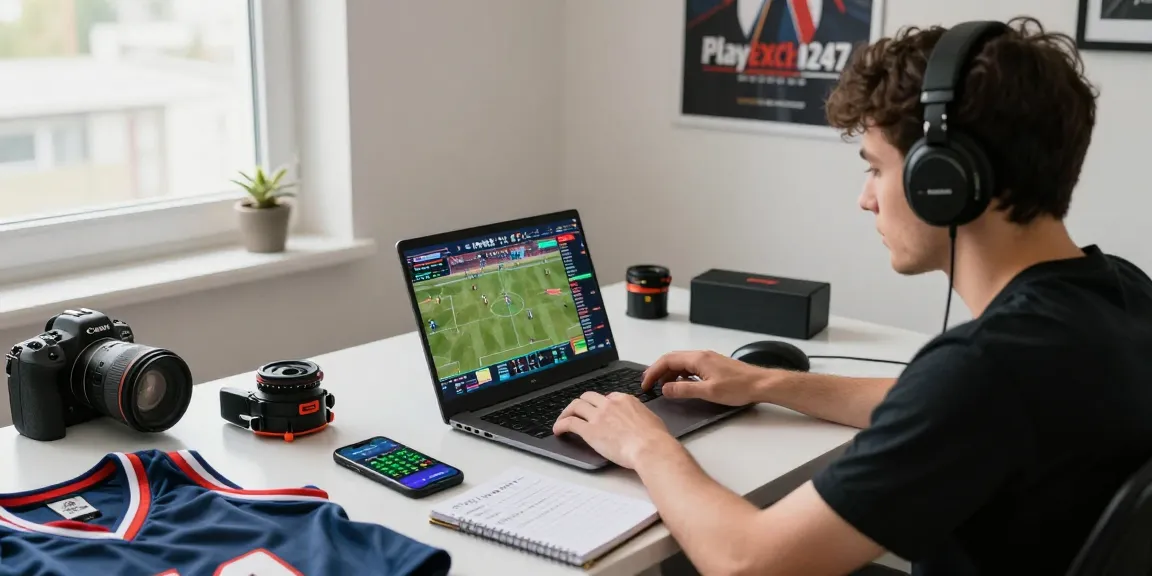 Engaged user betting on Playexch247 with laptop and sports memorabilia.