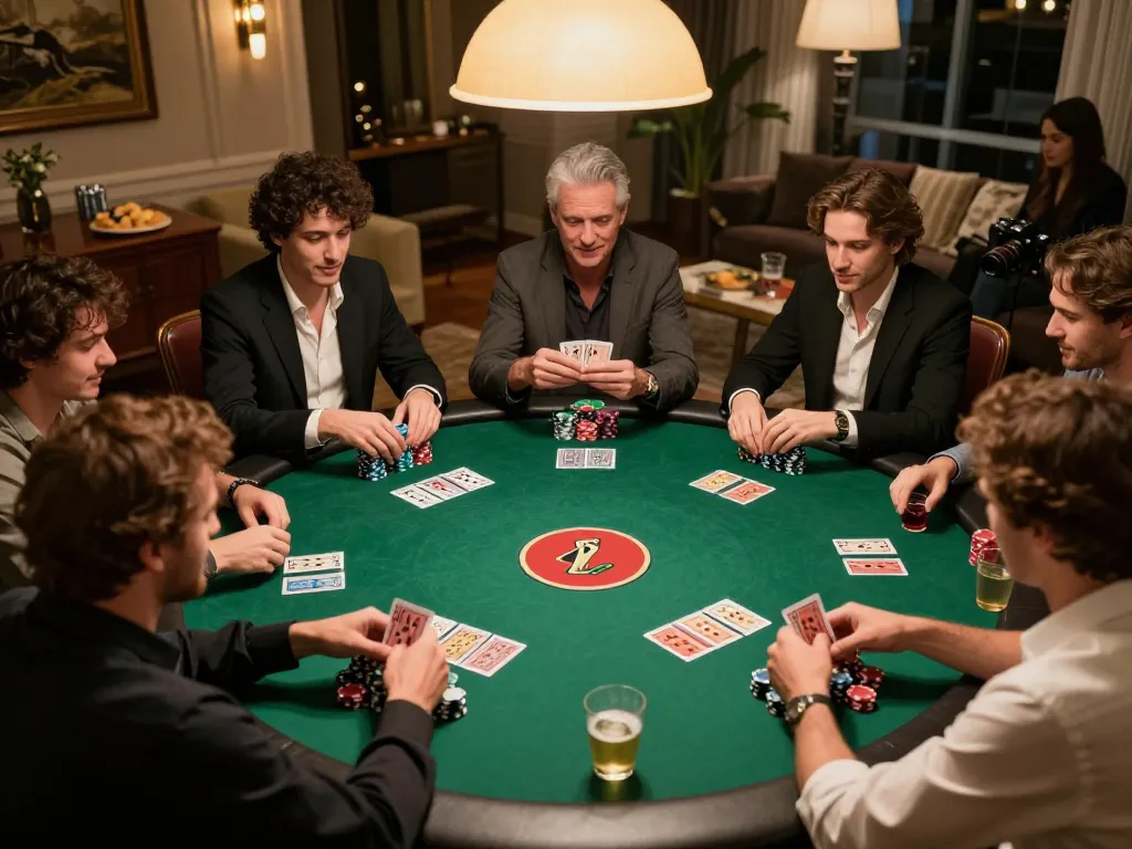 Poker game at home with friends featuring red88. club, showcasing intense gameplay and snacks.
