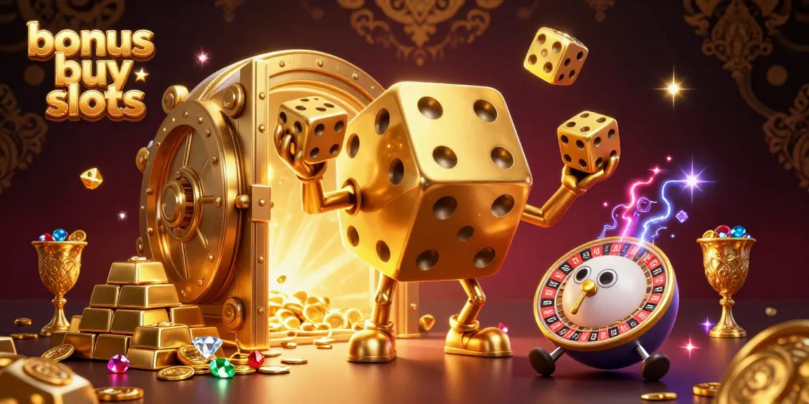 Experience exciting bonus buy slots with golden dice golems and treasure in a vibrant casino scene.