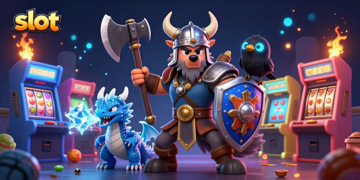 Play exciting slot games with colorful characters including a Viking warrior, dragon, and raven while spinning for jackpots.