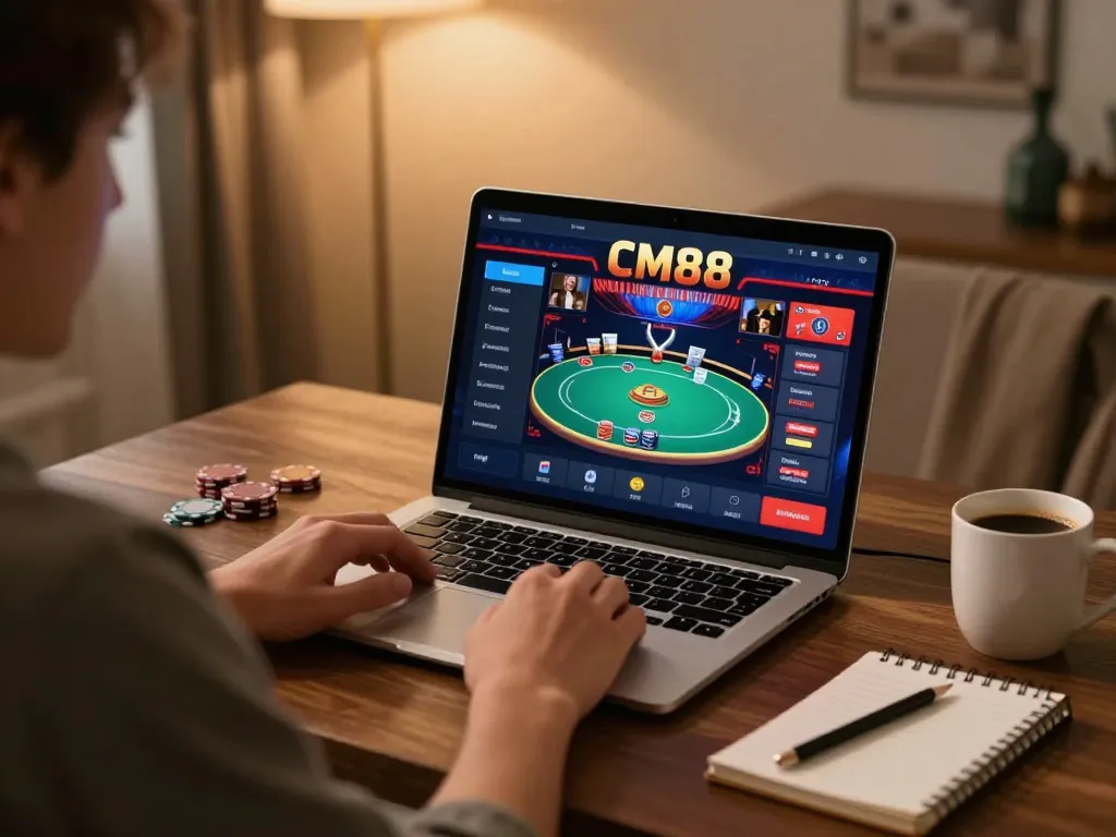 Engaging in online poker gameplay at CM88 casino platform with cozy home setup