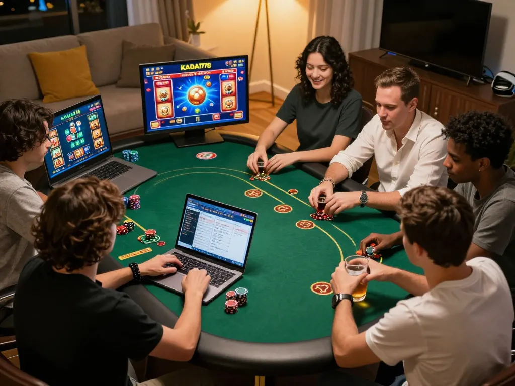 KADAL778 players engaged in dynamic online gambling, showcasing vibrant game interfaces and strategic interactions at home